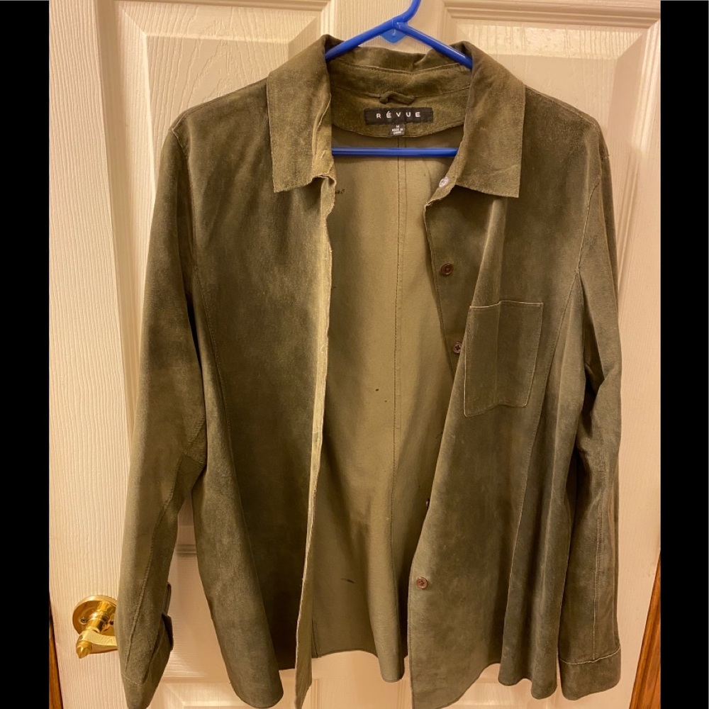 Suede shirt jacket in olive green. Size 14.